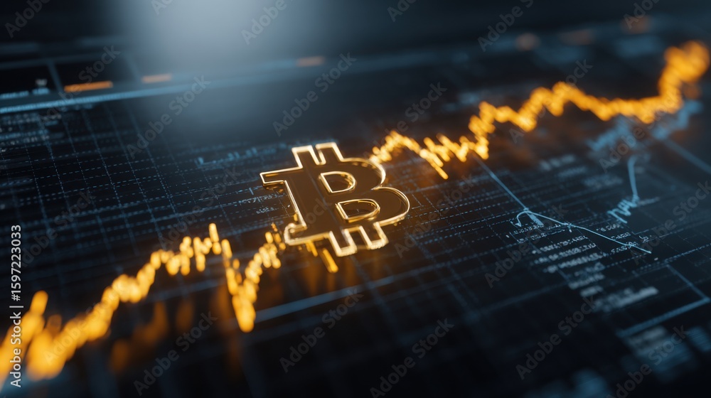 Poster bitcoin overlaid on stock chart representing grid background and financial trends in cryptocurrency 