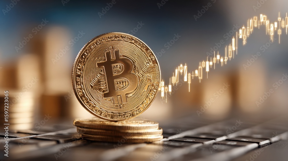 Poster a shiny bitcoin coin resting on a modern laptop with a digital grid background and financial data di