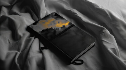 A black notebook rests on a bed with a reflection of a beautiful sunset in its cover, creating a poetic and moody scene with deep emotional tones.