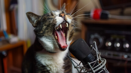 A tabby cat yawning or meowing in front of a professional microphone in a cozy indoor studio, resembling a singing performance or podcast setup.