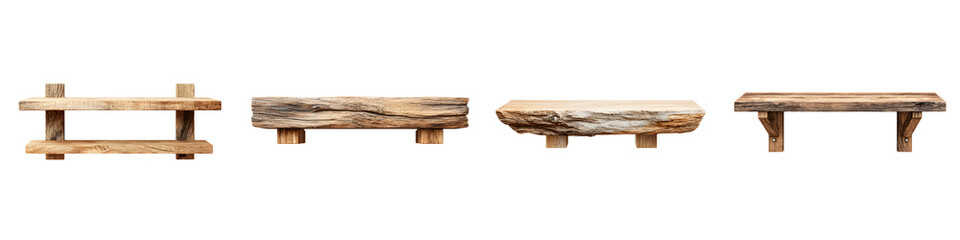 Rustic Wooden Bench Collection: Natural Wood Furniture Isolated