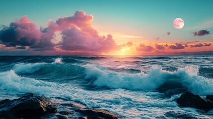 Ocean Waves Crashing on Rocks at Sunset with Pink Clouds and Full Moon