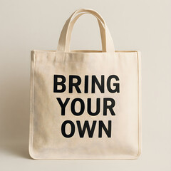 A beige canvas tote bag with the words bring your own is displayed against a neutral backdrop
