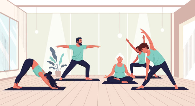 Yoga class illustration diverse group people practicing poses wellness studio