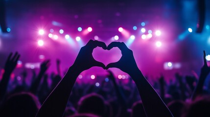 Hands Forming Heart Shape at Concert with Crowd and Stage Lights