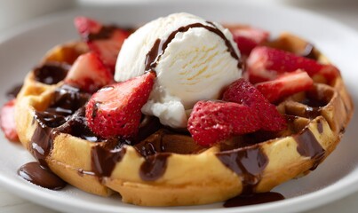 golden round waffle covered in milk chocolate sauce and strawberries