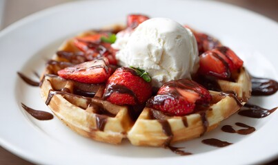 golden round waffle covered in milk chocolate sauce and strawberries