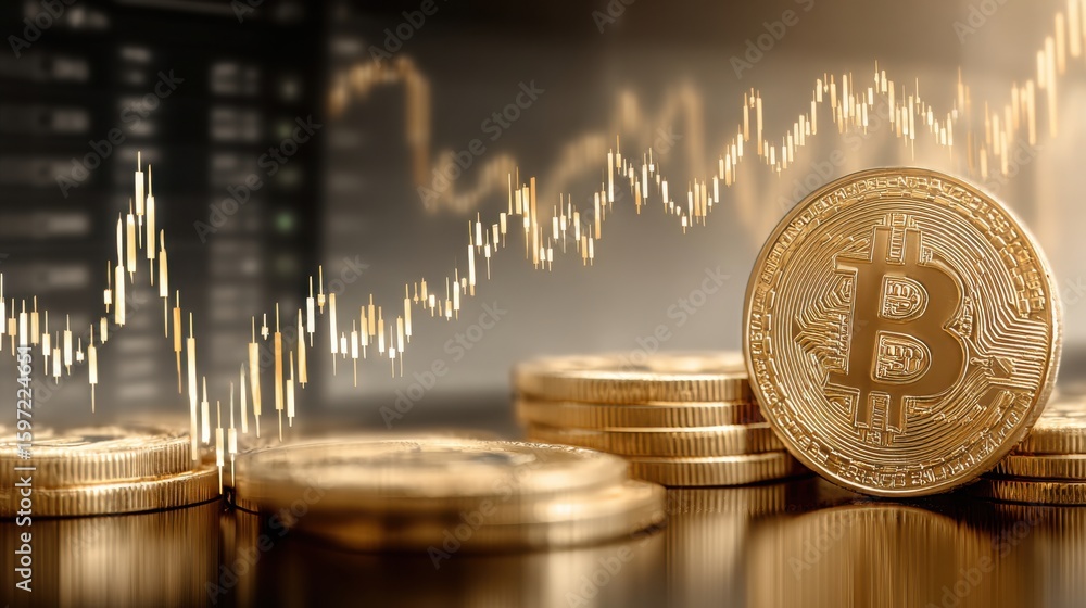 Poster bitcoin coin positioned on table surrounded by celebratory confetti representing new peak in cryptoc