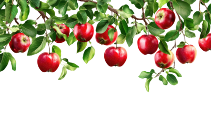 Apple tree with spreading branches and clusters of ripe red apples growing in natural orchard setting isolated on white background
