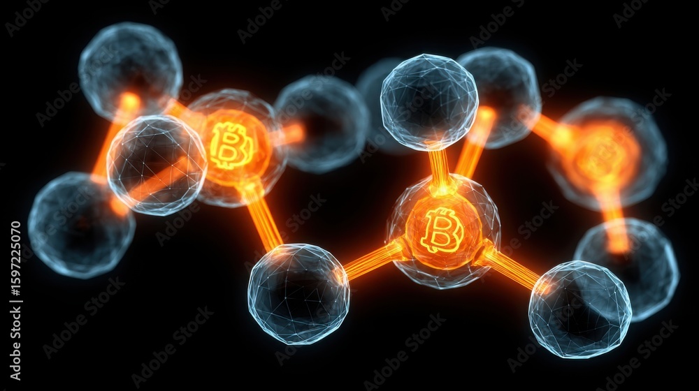 Poster complex molecule structure featuring multiple bitcoin symbols indicating an ecosystem map in quantum