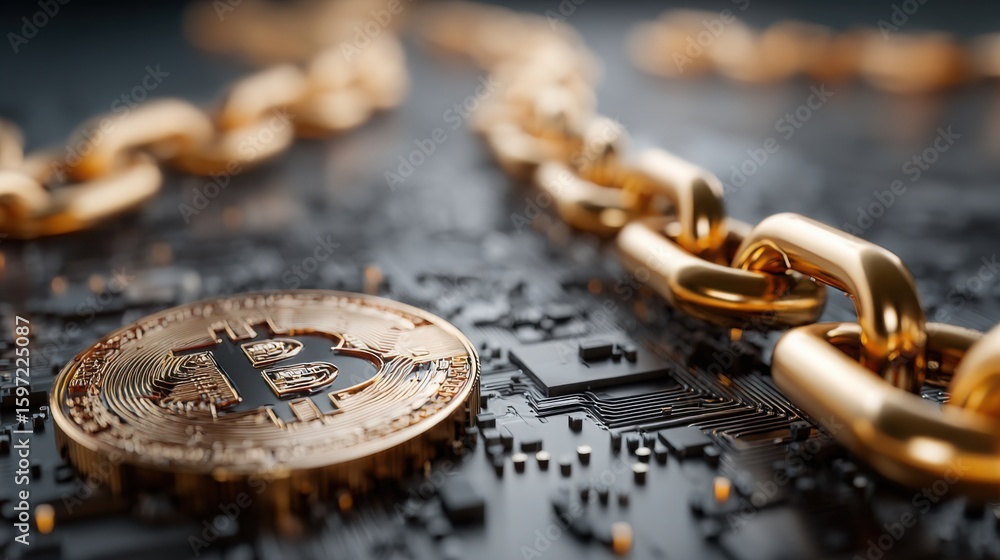 Poster bitcoin coin on an electronic circuit board representing the intersection of technology and digital 