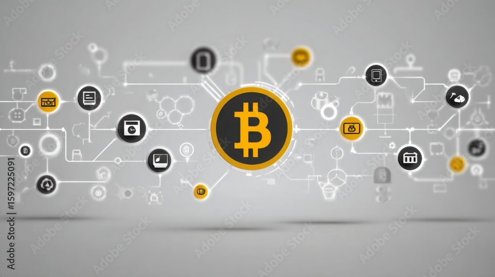 Poster bitcoin icon surrounded by multiple bitcoin icons representing a network diagram in a quantum ecosys