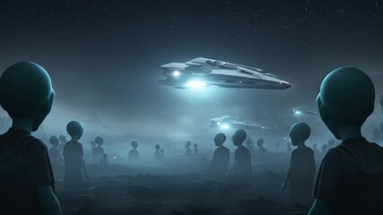 Alien encounter: Grey aliens watch spaceships descend on a misty planet.