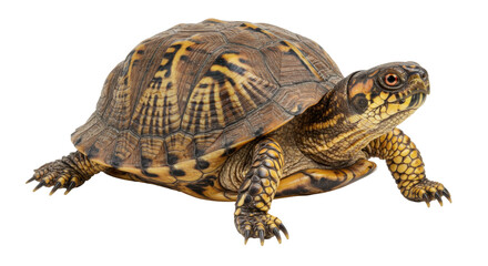 A close-up of a vibrant turtle exploring a natural habitat with lush greenery in the background