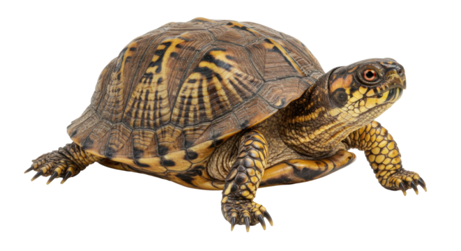 A close-up of a vibrant turtle exploring a natural habitat with lush greenery in the background