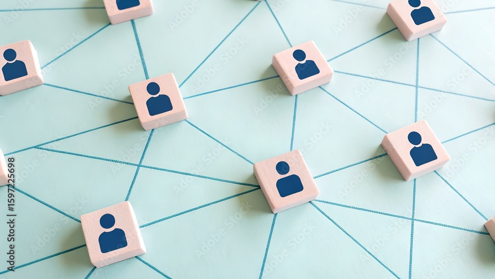 Poster network of connected human icons on blue grid background representing social structure and digital r