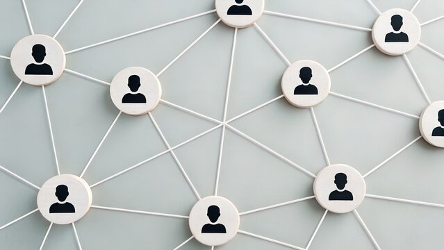 Human Network Visualization with Circular Icons, Lines of Connection, and Light Gradient Background