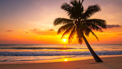 Golden hour at tropical beach with palm tree silhouette and ocean waves
