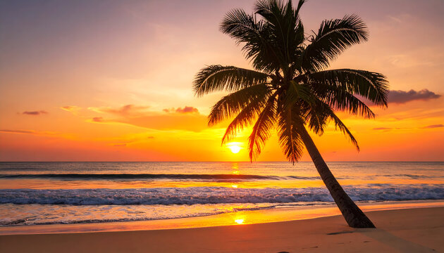 Golden hour at tropical beach with palm tree silhouette and ocean waves