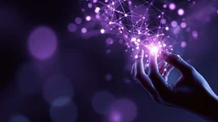 Digital Network in hand: A luminous digital network of interconnected points and lines hovers above an outstretched hand, symbolizing the power of connectivity and the digital age.