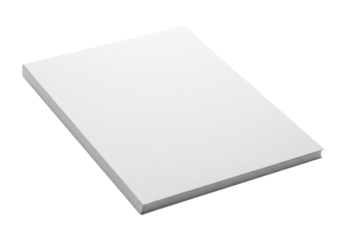 Blank white notebook resting on a table with a soft shadow and minimalistic background