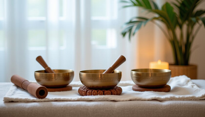 Serene sound bath therapy setup featuring three brass bowls, wooden mallets, and calming atmosphere with soft lighting