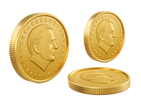 Three shiny gold coins with portraits on black background