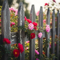 Rustic Wooden Fence with Vibrant Pink and Red Roses in Soft Evening Light