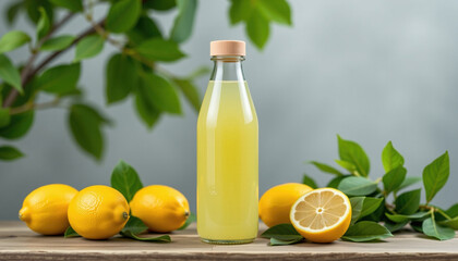 Fototapeta premium Fresh lemonade in glass bottle surrounded by vibrant lemons and green leaves, evoking refreshing and natural feel