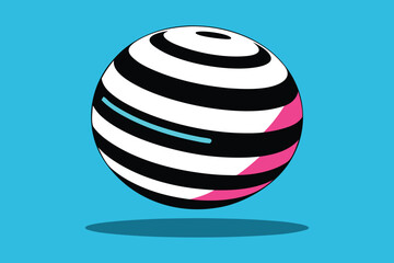 Vector art of a striped sphere with pink and blue accents on a blue background