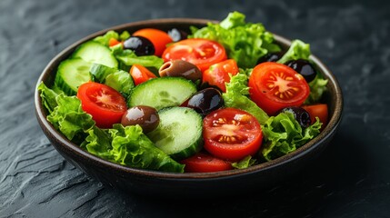 Colorful fresh salad with tomatoes, cucumbers, olives, and lettuce leaves