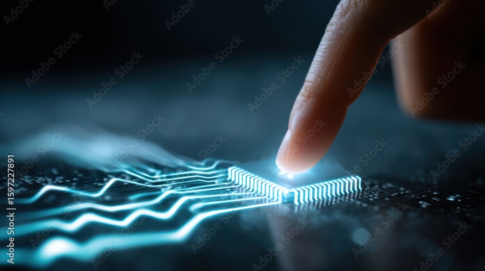 Poster touch of technology: a close-up shot shows a fingertip interacting with a glowing microchip, symboli