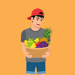 Man Carrying Basket Full of Fresh Fruit on Orange Background