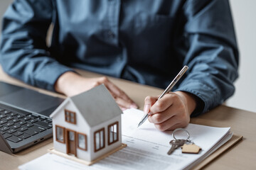 Real estate contract sign. Property mortgage finance signing agreement approved. Real estate...
