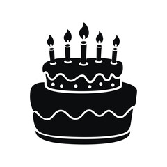 A sweet, delicious birthday cake with lit candles and creamy icing is a perfect illustration for a happy celebration or fun holiday party a birthday cake silhouette vector icon illustration on white