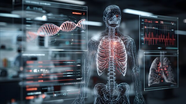 Medical scan displays skeletal system, DNA and lung condition on digital screen