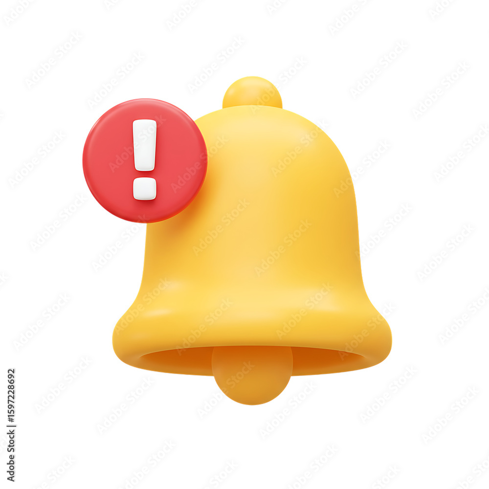 Poster 3d render of a yellow notification bell icon with a red alert symbol and exclamation mark isolated o