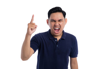 Naklejka premium Angry young Asian man shouting and pointing finger up isolated on transparent background