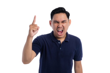 Angry young Asian man shouting and pointing finger up isolated on transparent background