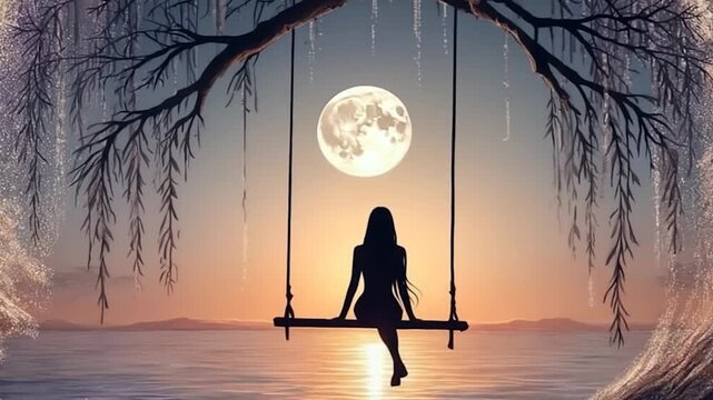 A woman sits on a swing at sunset, under a willow tree, by the water, with a full moon in the sky