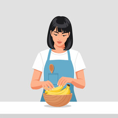 Woman Arranging Fresh Bananas in Wooden Bowl for Healthy Snack