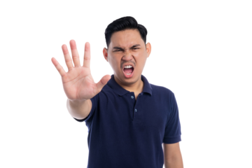 Young Asian man making a stop gesture with hand and disgusted face isolated on transparent background