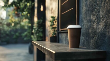 Obraz premium Brown paper coffee cup on a counter outdoors.