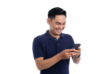 Smiling young Asian man looking down and using smartphone isolated on transparent background