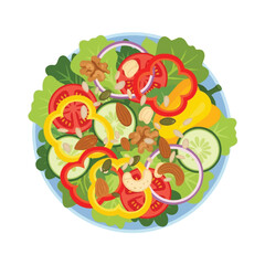 Top-down view of a fresh salad with lettuce, tomatoes, peppers, cucumbers, onions, and nuts on a blue plate.