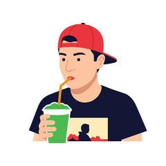 Illustration of a young man drinking a green beverage with a straw, wearing a red cap and dark t-shirt.