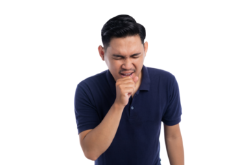 Young Asian man coughing or sneezing with hand covering mouth and eyes closed isolated on transparent background