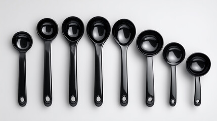 Black measuring spoons and cups set arranged on white background