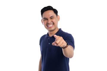 Young Asian man pointing finger at camera with grinning expression isolated on transparent...