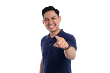 Young Asian man pointing finger at camera with grinning expression isolated on transparent background